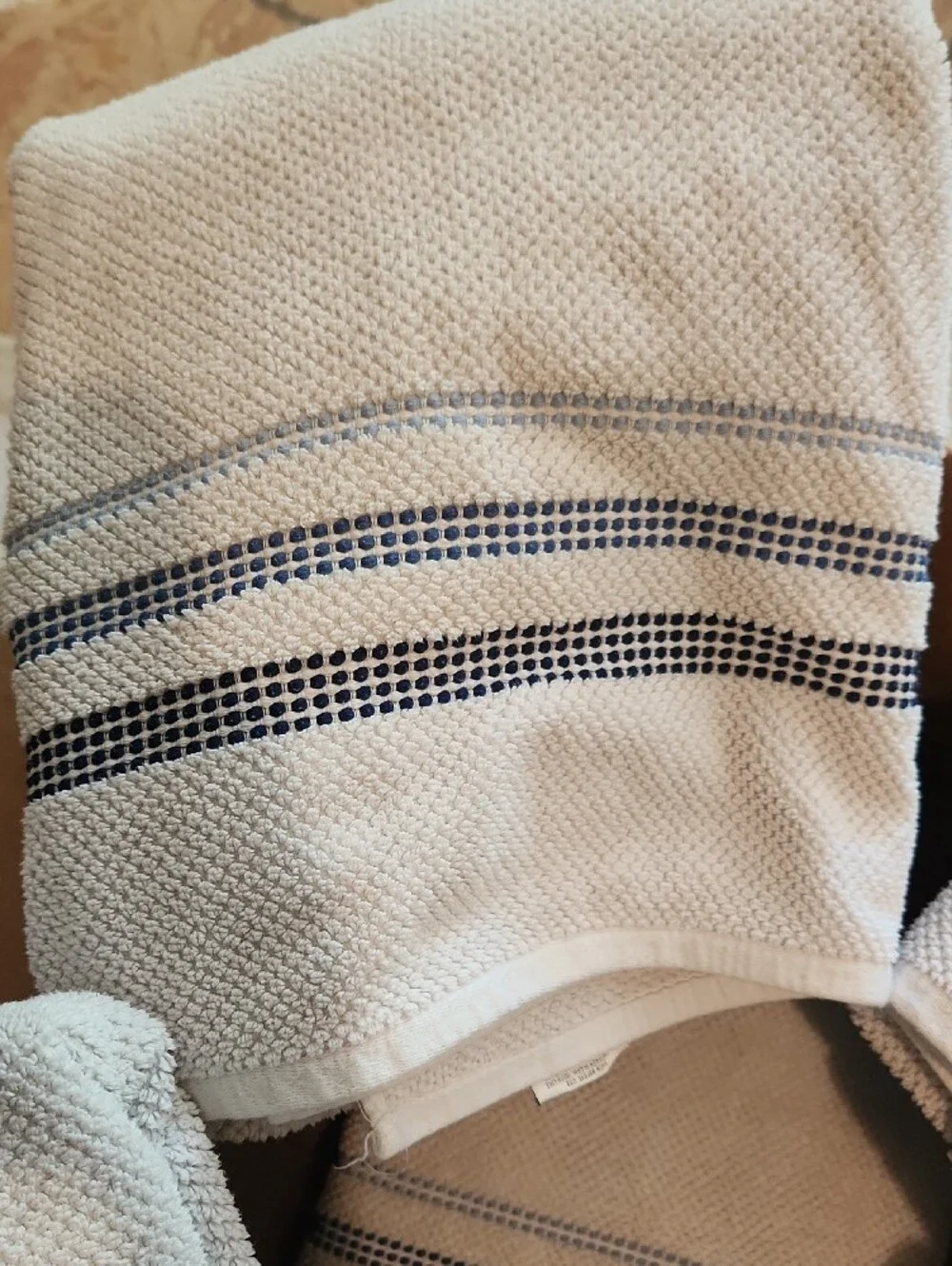 Set of 5 White Waffle Weave Oversized Bath Towels with Navy Stripes